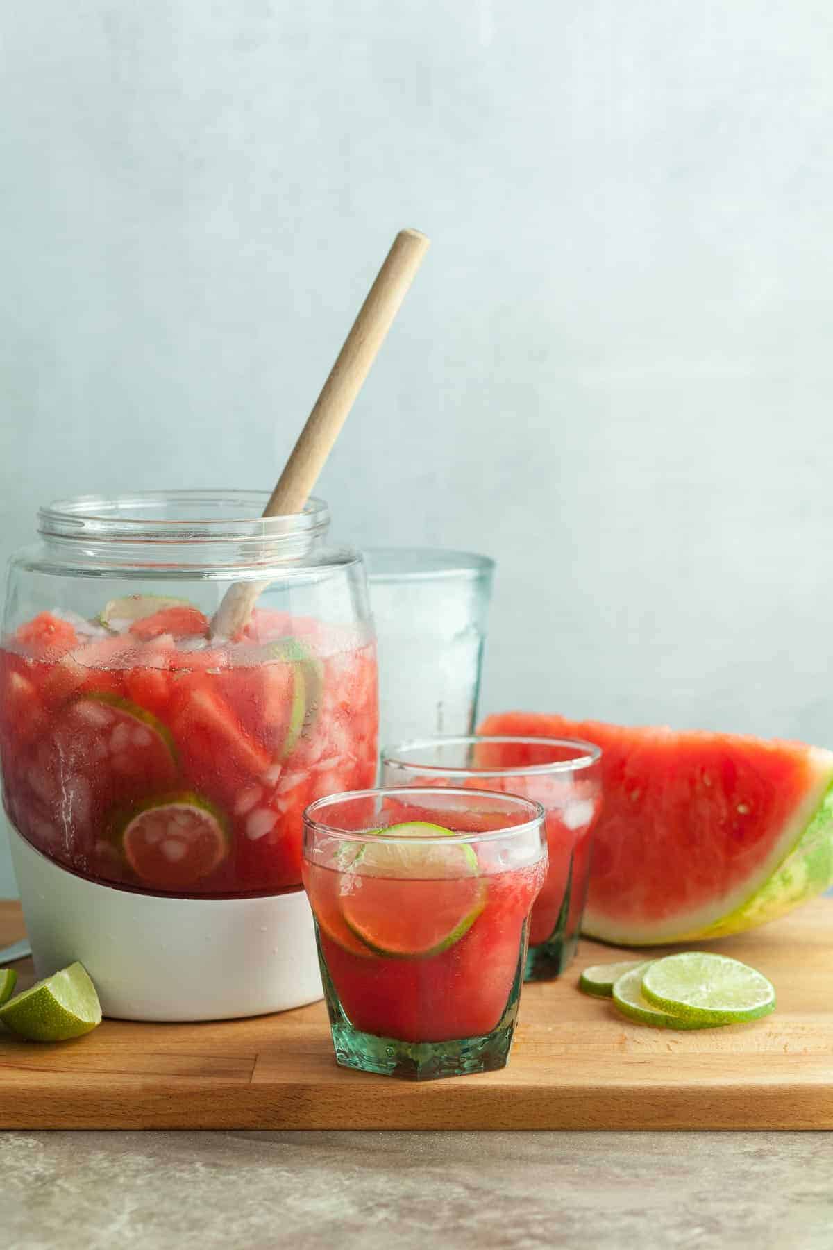 Watermelon Hibiscus Agua Fresca in Glasses on Wood Board