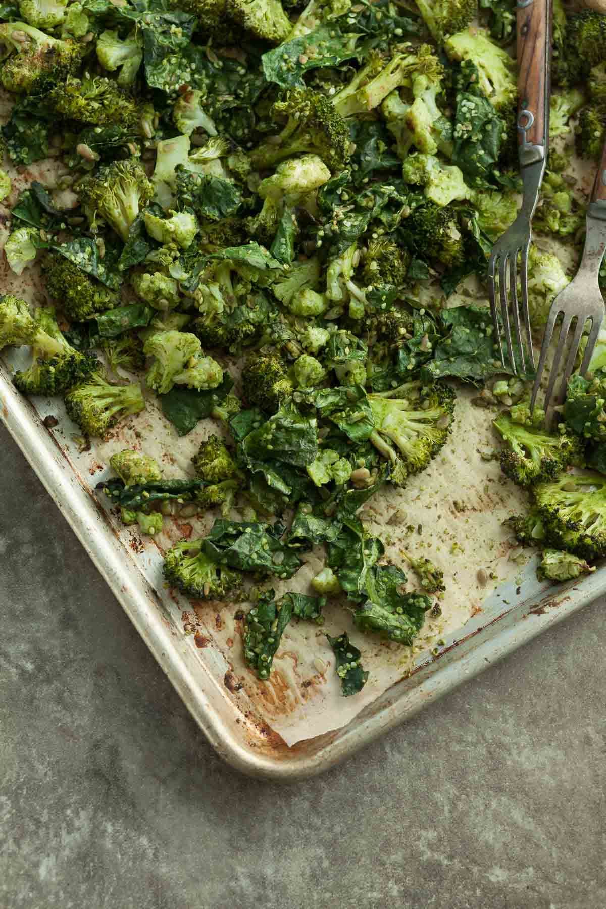 Roasted Broccoli and Cauliflower on Parchment 