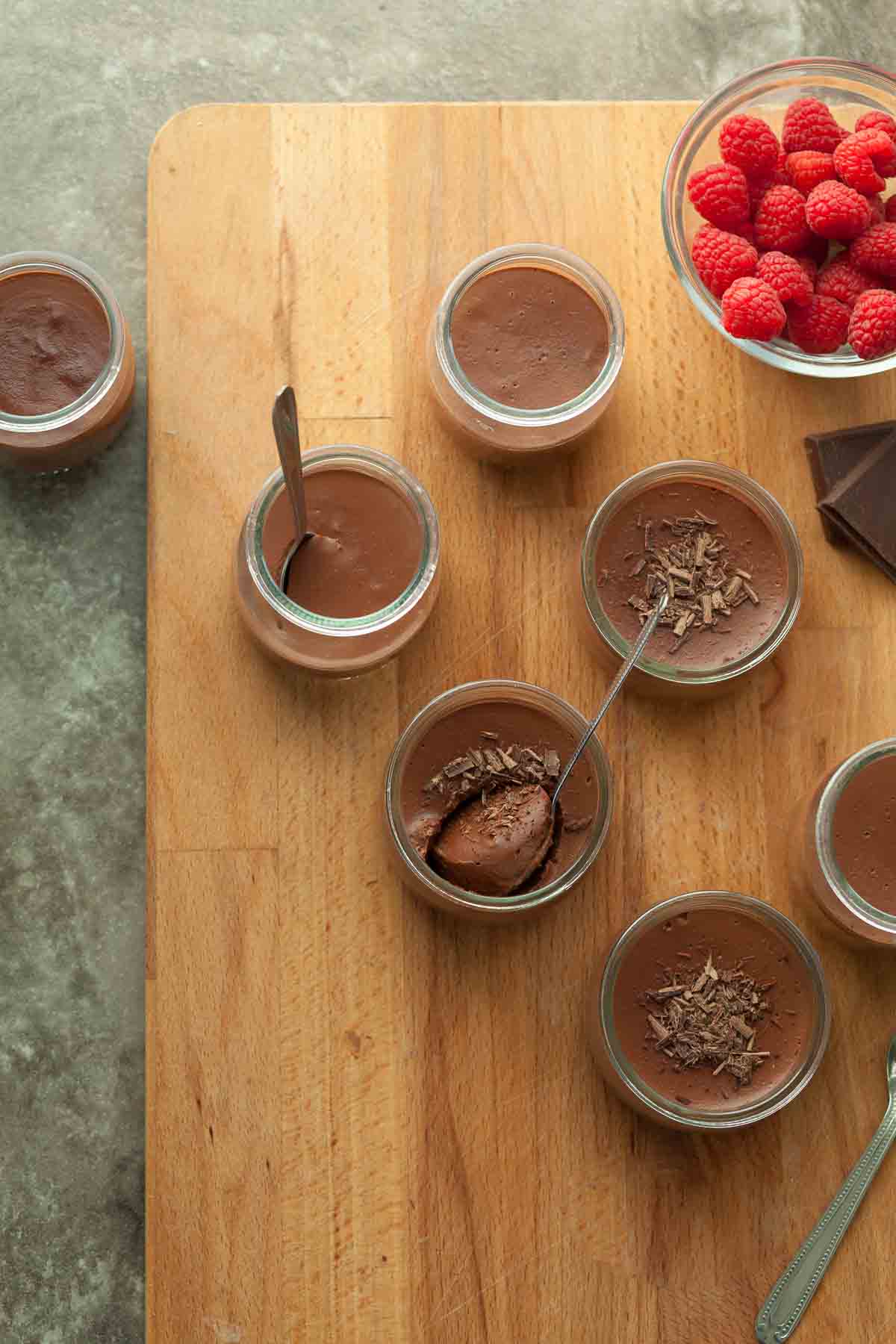 Easy Chocolate Pots on Wood Board