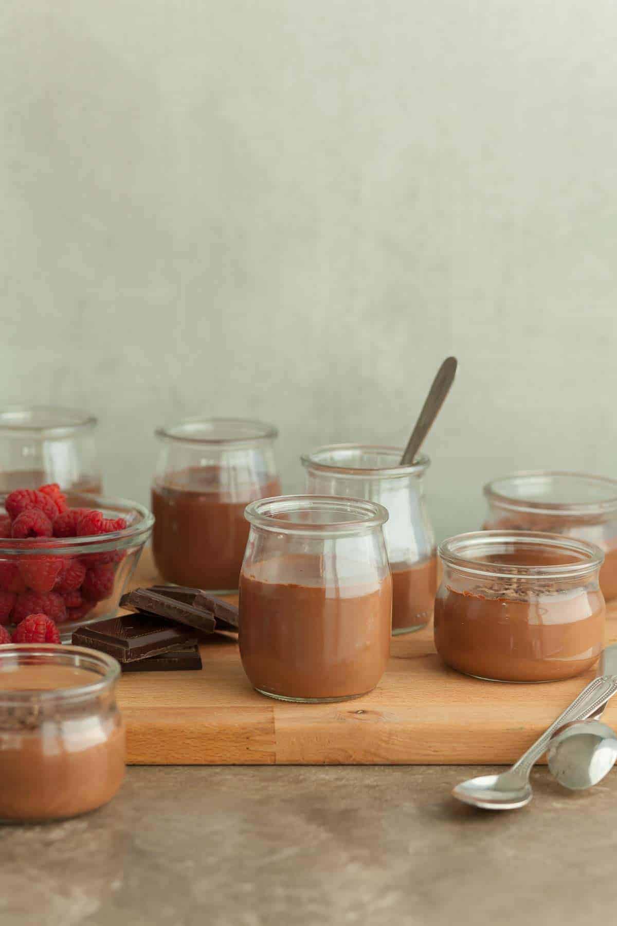 Chocolate Pots with Raspberries in Glass Jars