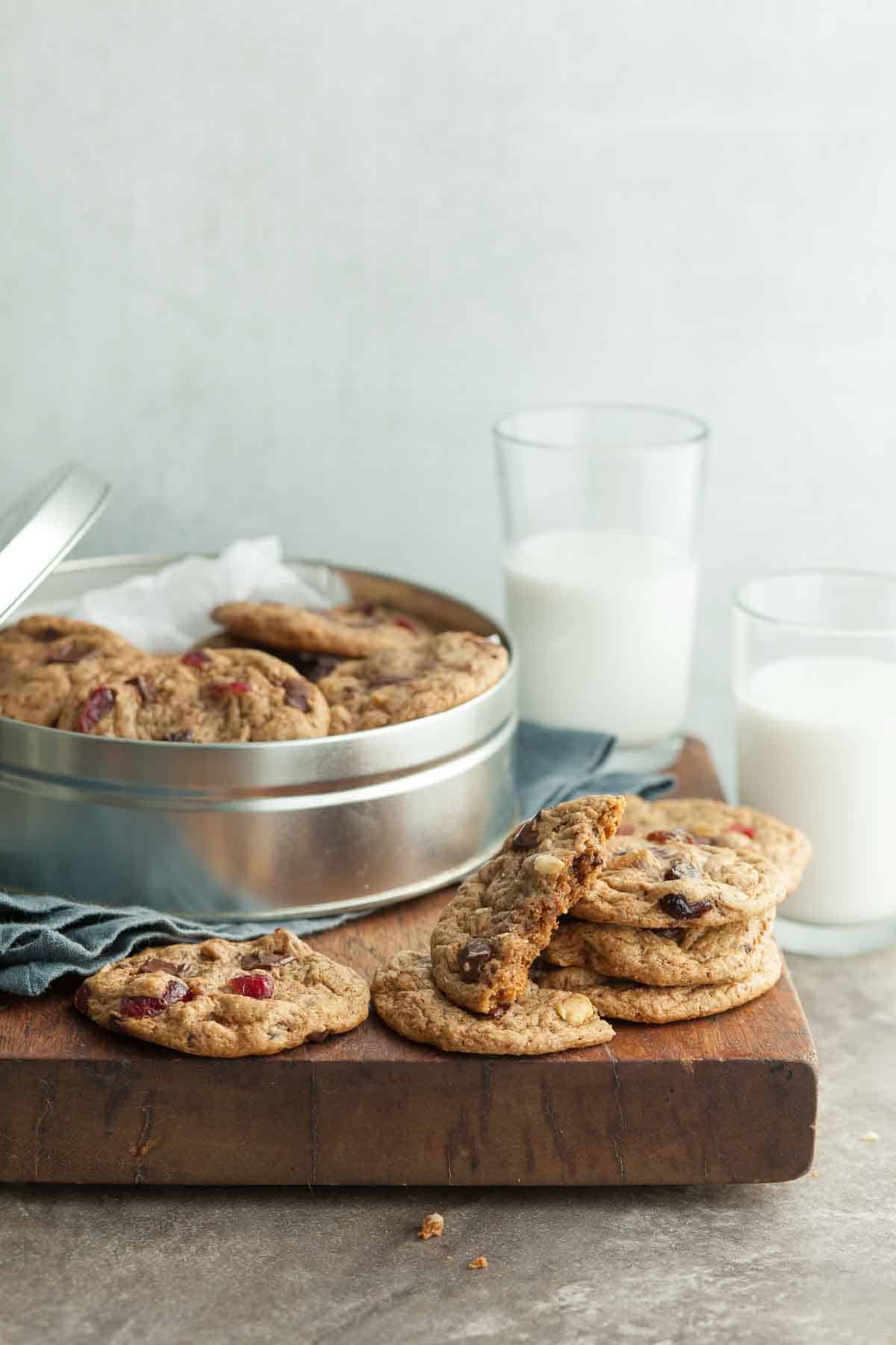 Flourless Trail Mix Cookies in Tin and on Board