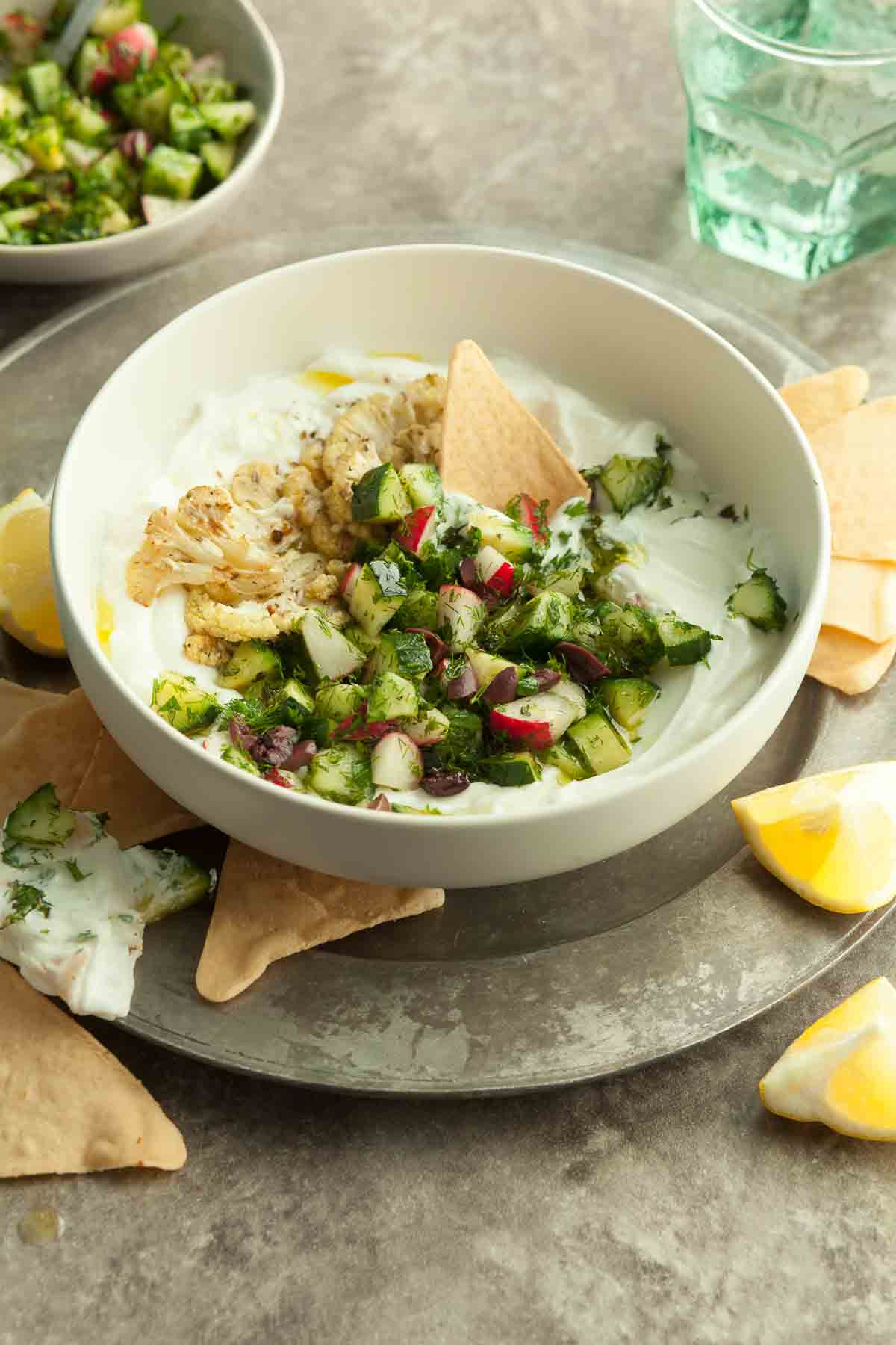 Savory Yogurt Bowl with pita chips for serving