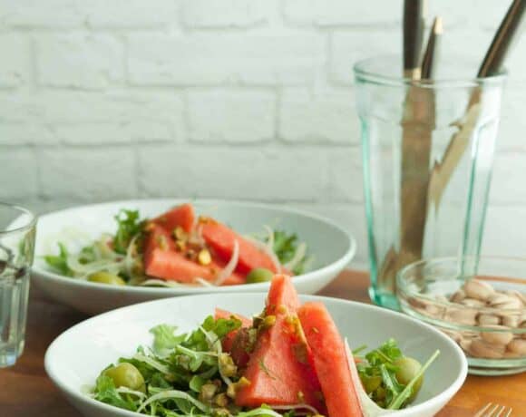 Fennel Arugula Watermelon Salad with Olive Vinaigrette