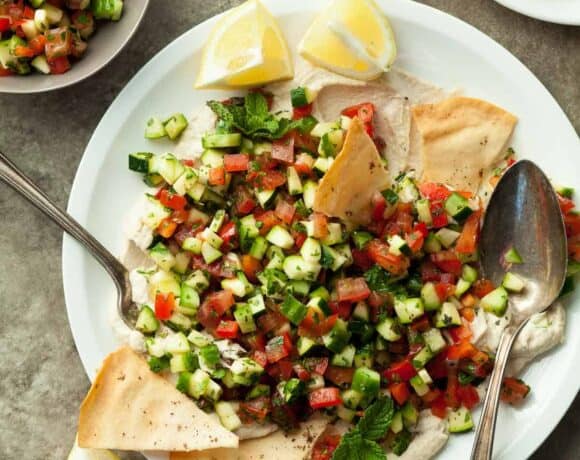 Middle Eastern Chopped Tomato Cucumber Salad on Whipped Tahini
