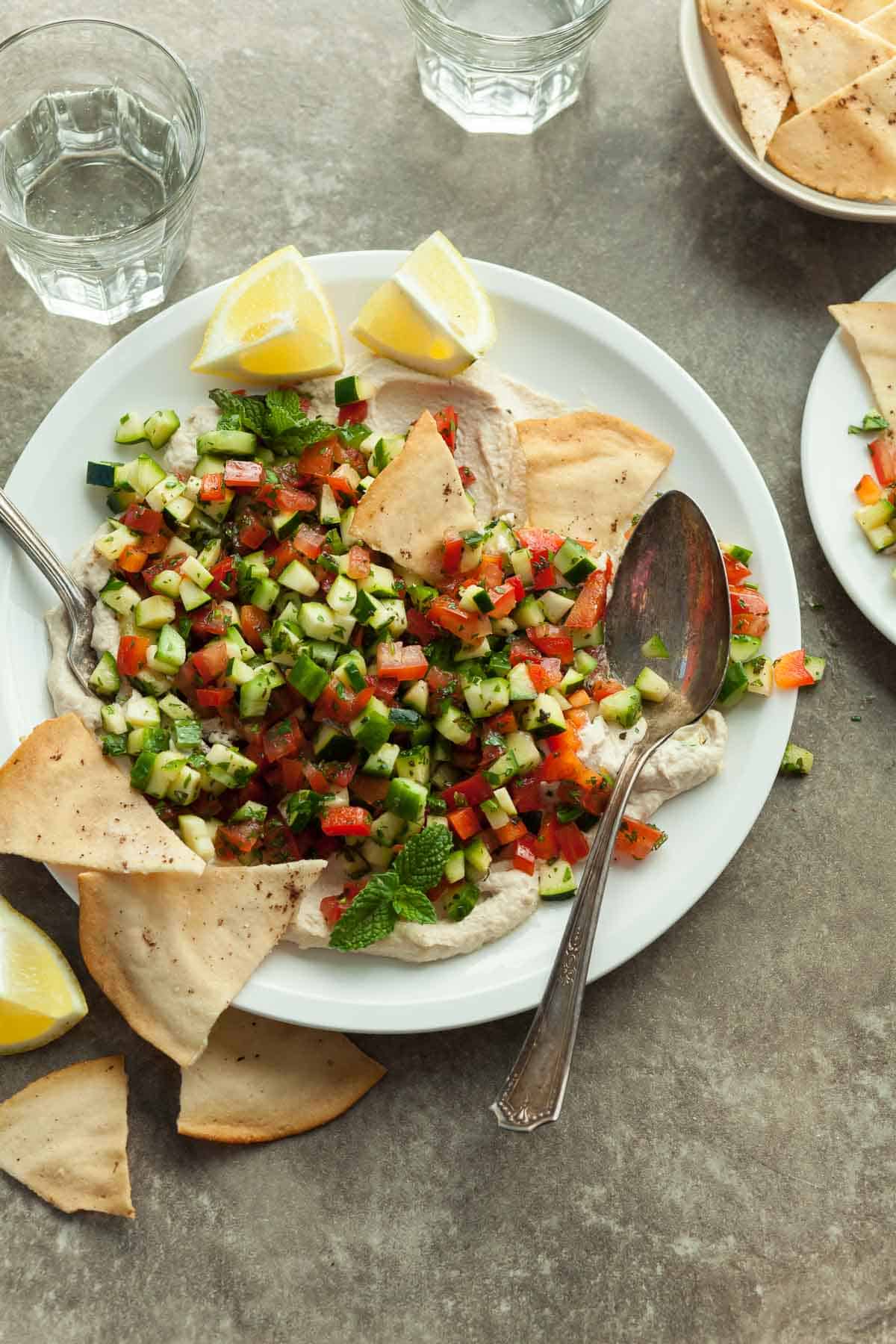 Middle Eastern Tomato Salad Served with Pita Chips