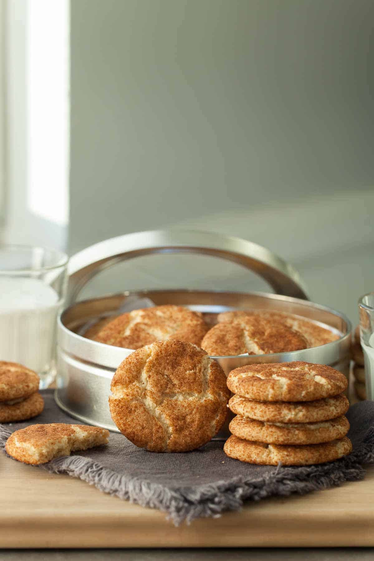 Gluten-Free Snickerdoodles in front of cookie tin