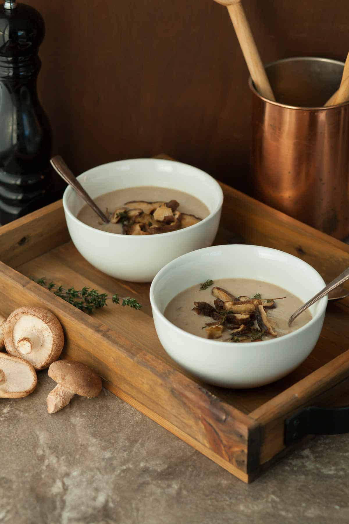 Vegan Cream of Mushroom Soup in Bowls on Tray