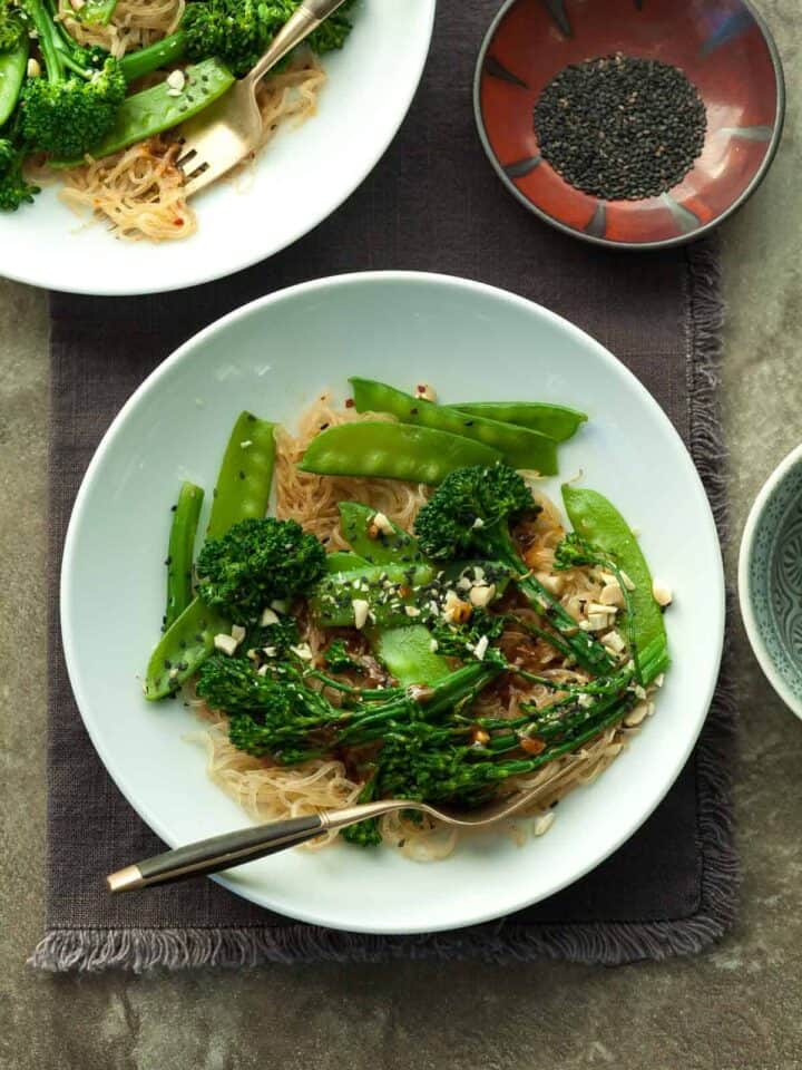 Sesame Kelp Noodles with Snow Peas and Broccolini