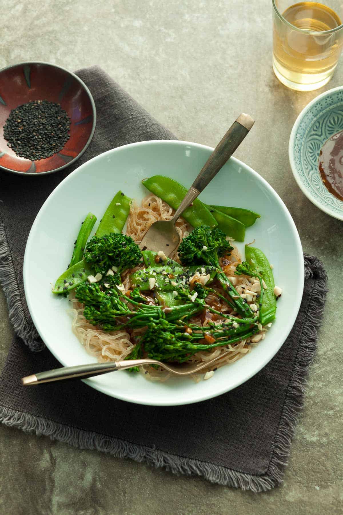 Sesame Kelp Noodles in Bowl on Napkin