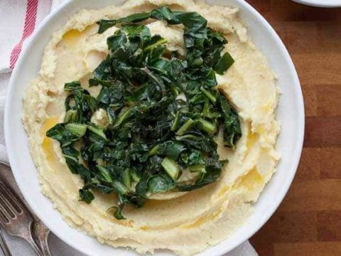 Mashed Cauliflower and Celery Root with Garlicky Greens (Vegan Option, Paleo)