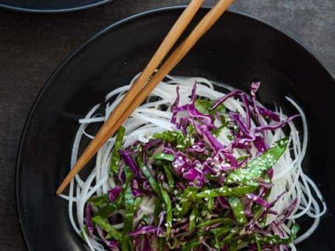 Daikon Noodles with Red Cabbage, Spinach Slaw and Sesame Mustard Dressing