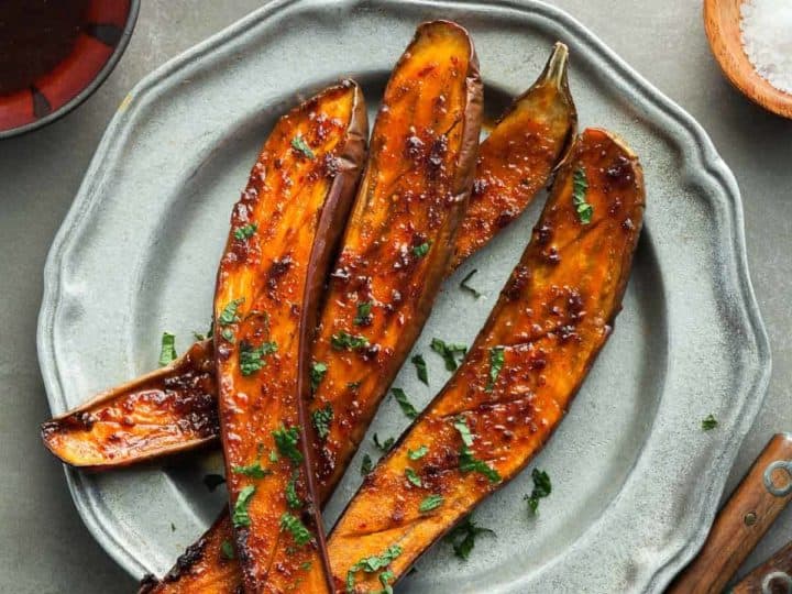 honey harissa roasted eggplant