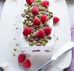 Honey Yogurt Semifreddo with Raspberries and Pistachios Recipe