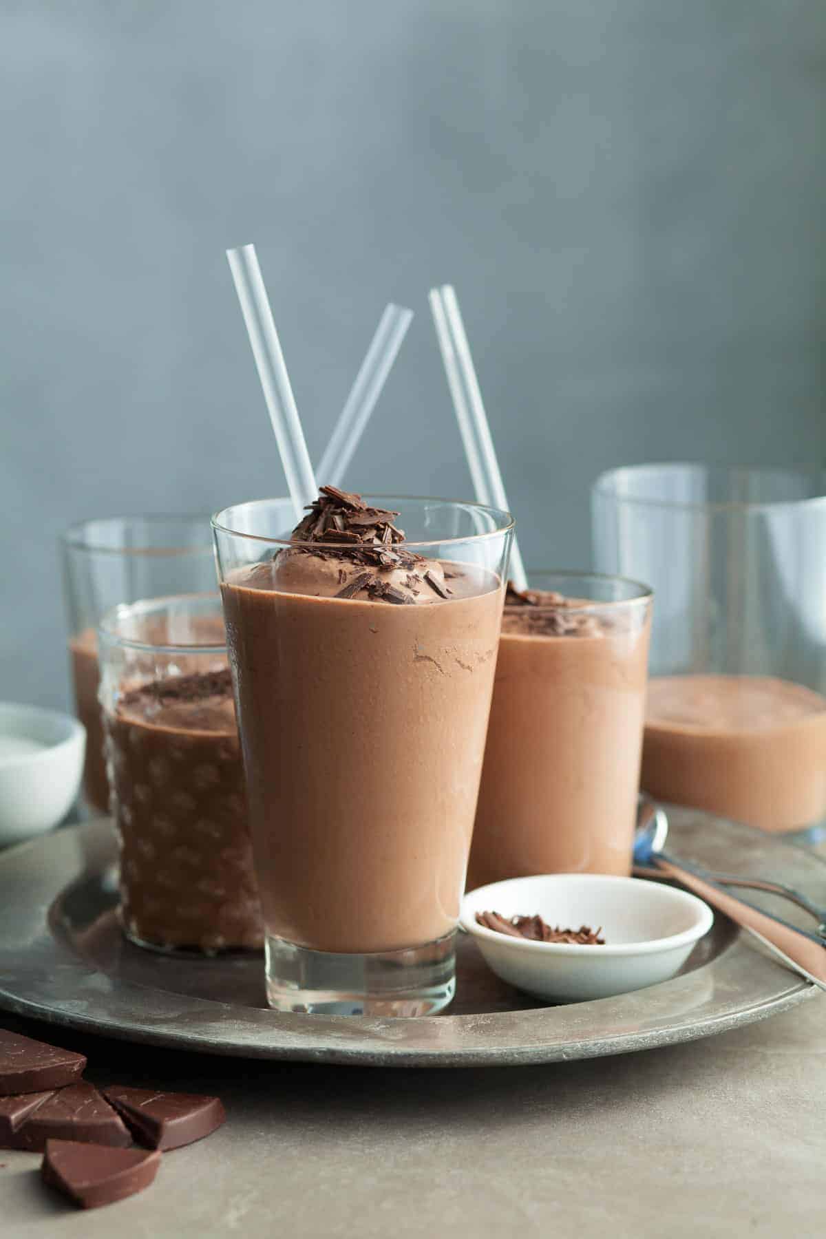 Mexican Frozen Hot Chocolate in Tall Glasses with Straws