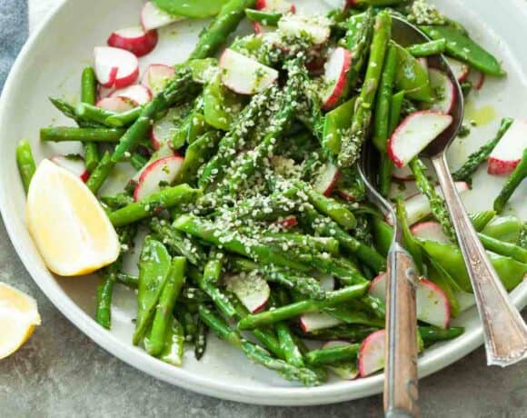 Sautéed Asparagus and Snow Peas with Lemon Dill Oil (Vegan)
