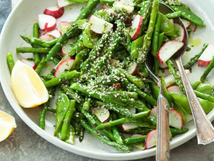 Sautéed Asparagus and Snow Peas with Lemon Dill Oil (Vegan)