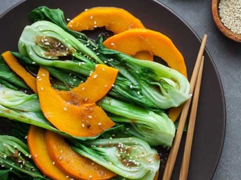 Steamed Pumpkin and Bok Choy with Ginger Sesame Dressing