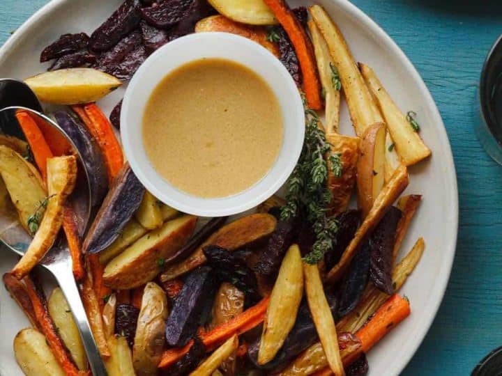 Thyme Roasted Root Vegetables with Miso Mustard Sauce