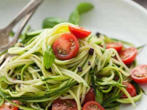 Zucchini Noodles with Caper Olive Sauce and Fresh Tomatoes
