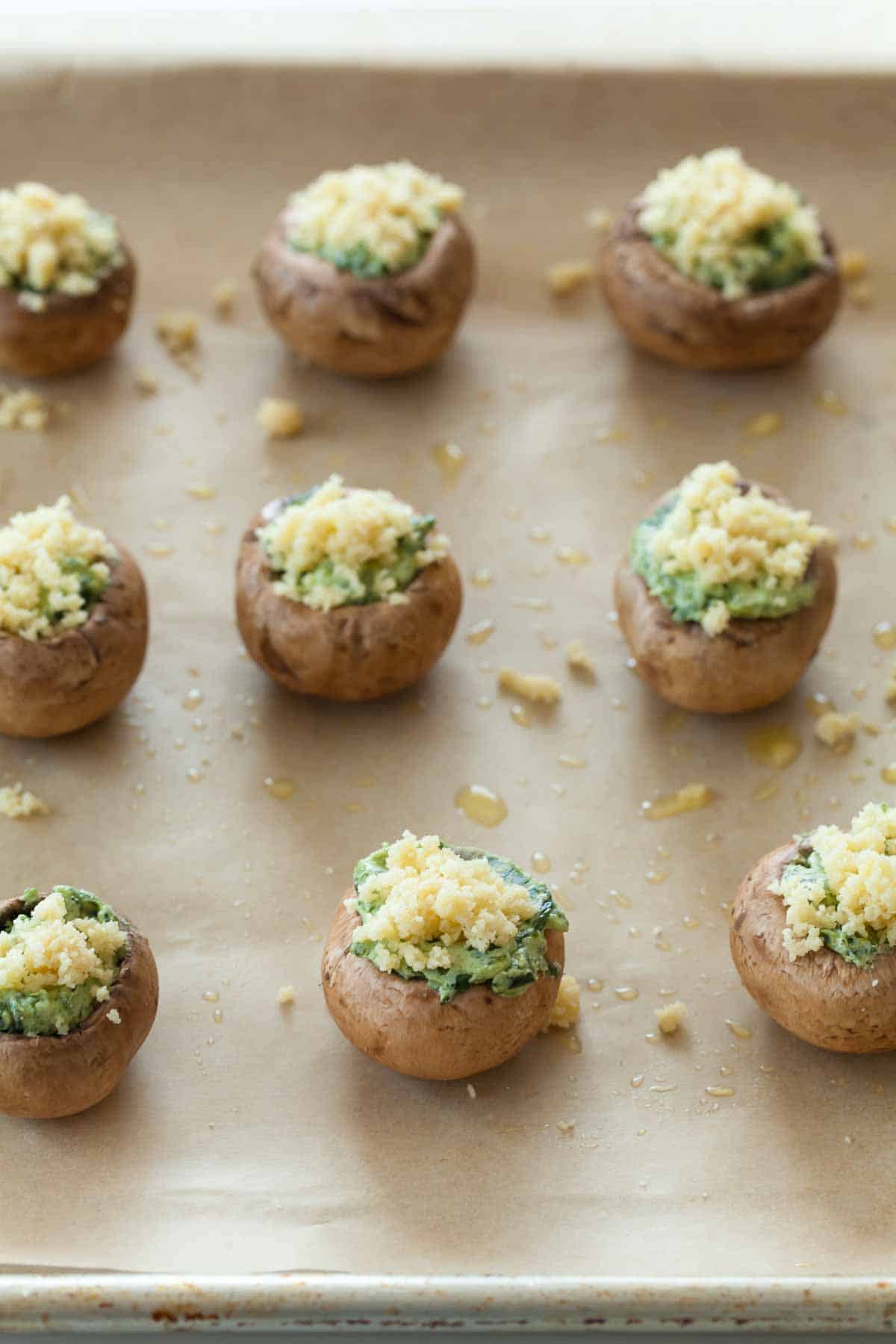 Vegan Stuffed Mushrooms on Baking Sheet