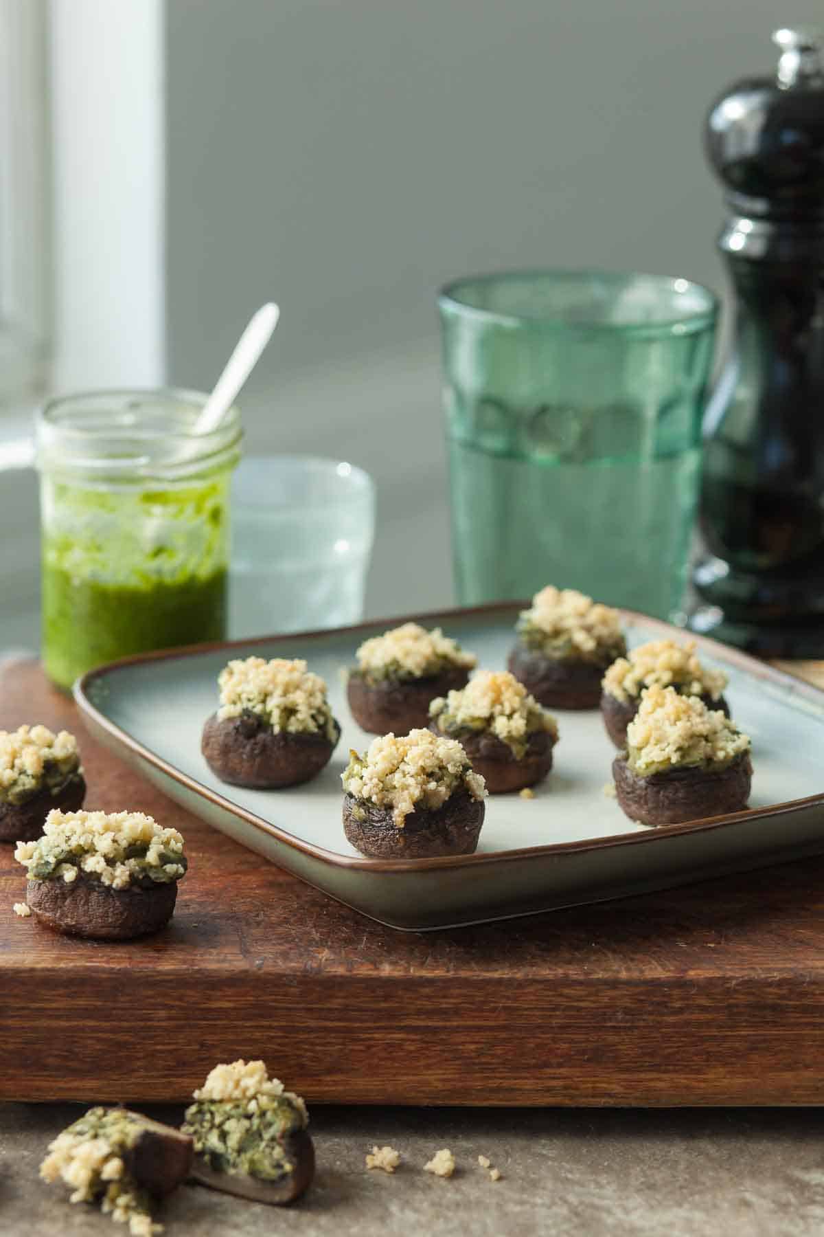 Spinach Stuffed Mushrooms on Serving Platter