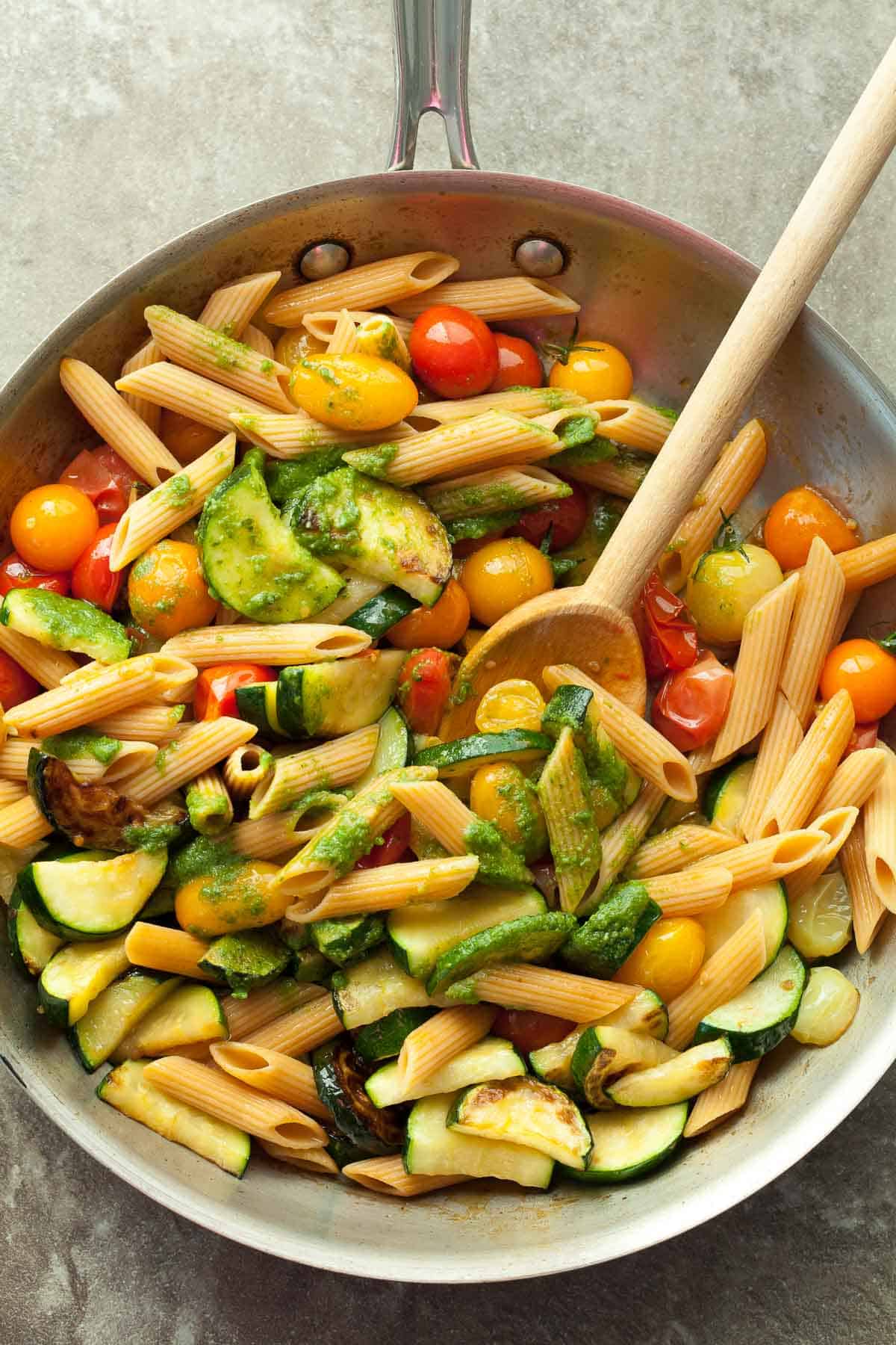 Gluten-Free Cherry Tomato and Zucchini Pesto Pasta in Skillet