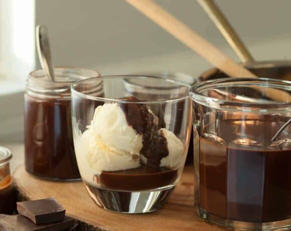 Homemade Chocolate Syrup in jars and on ice cream