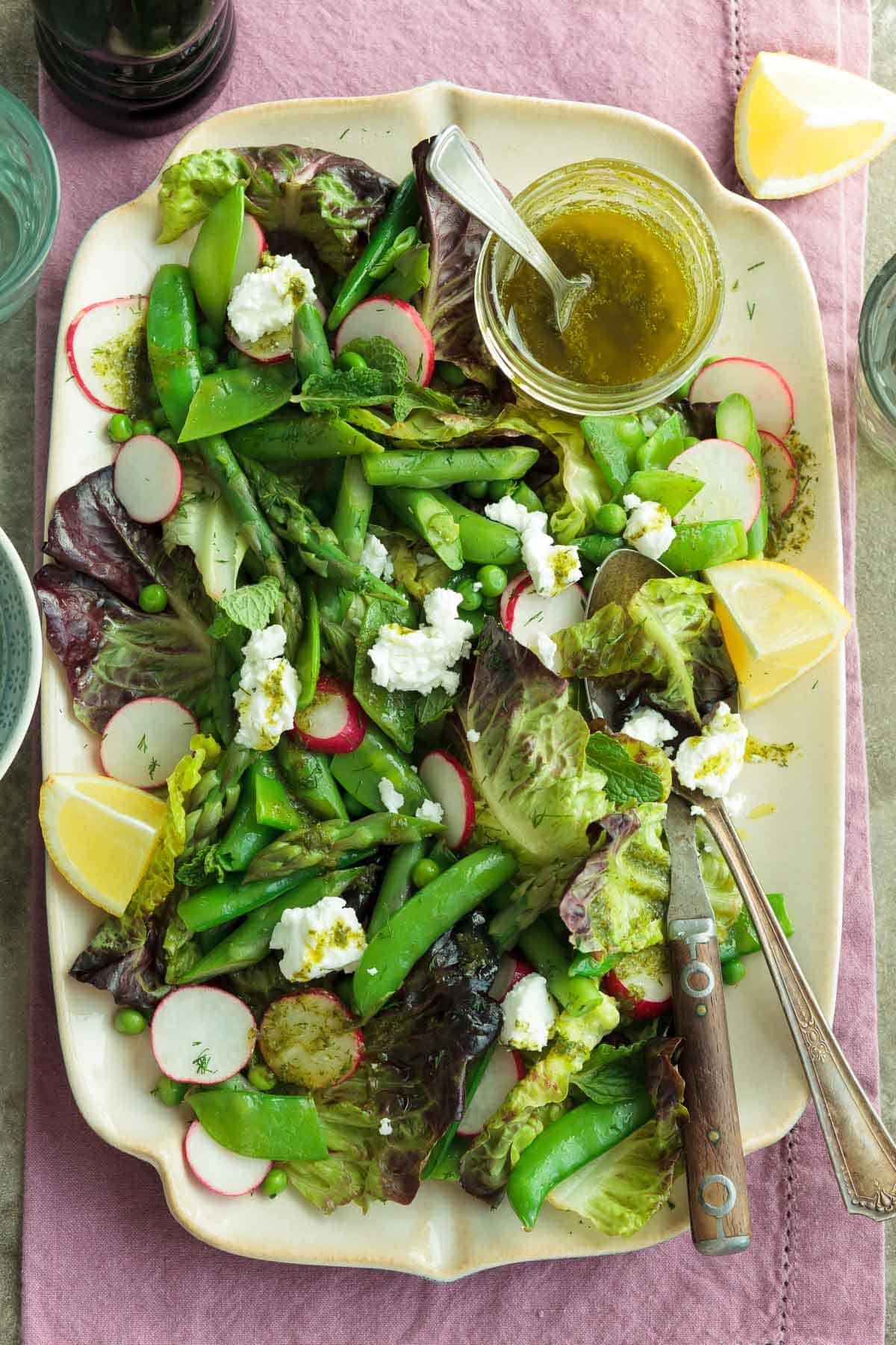 pea and asparagus salad on serving plate