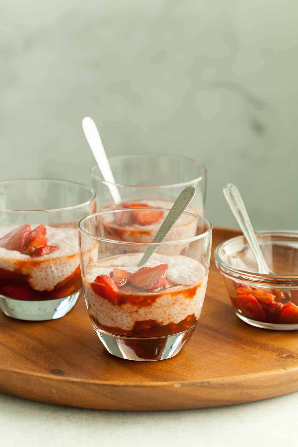 strawberry chia pudding in glass cups