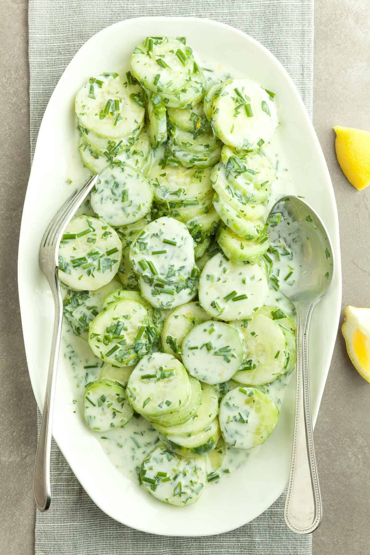 Cucumber Yogurt Salad on Serving Platter