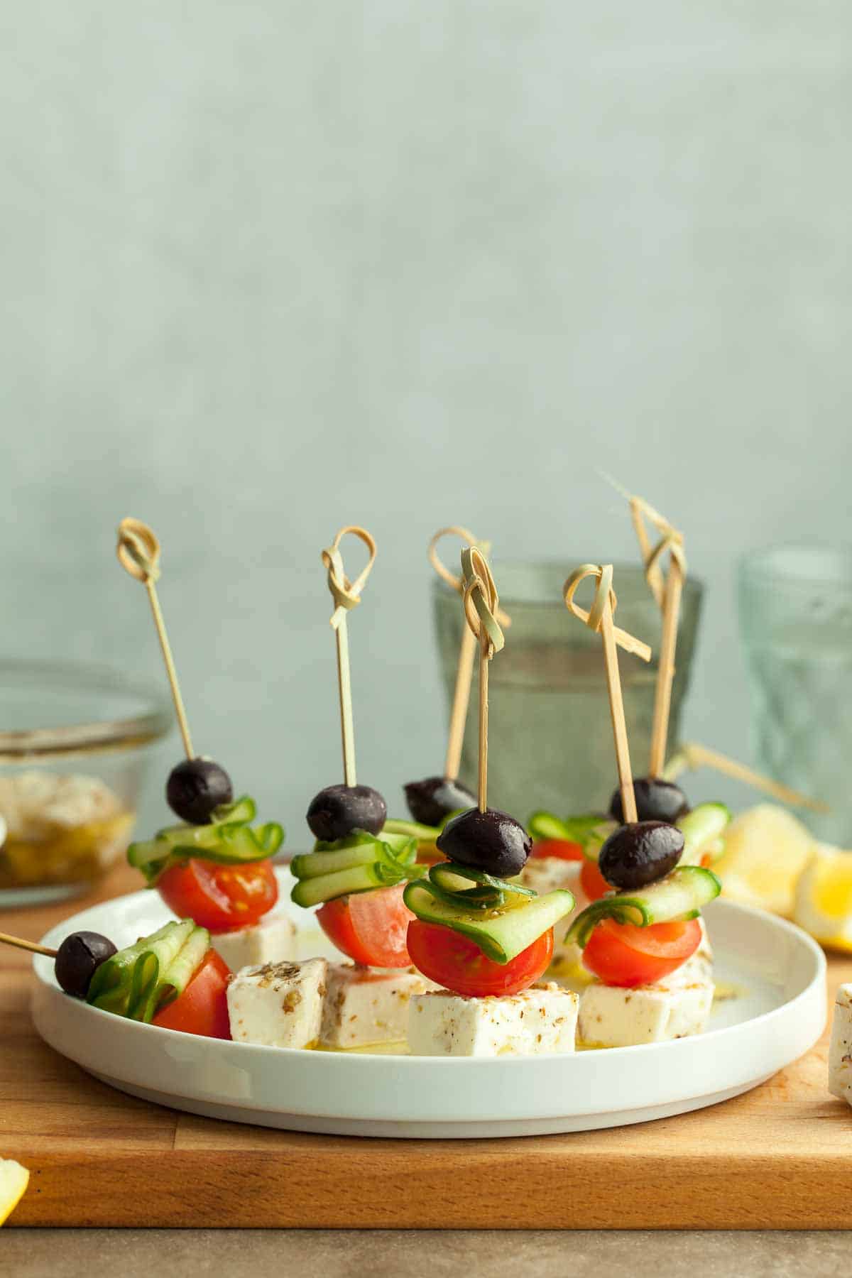 Greek Salad Skewers Arranged Standing Up on Plate