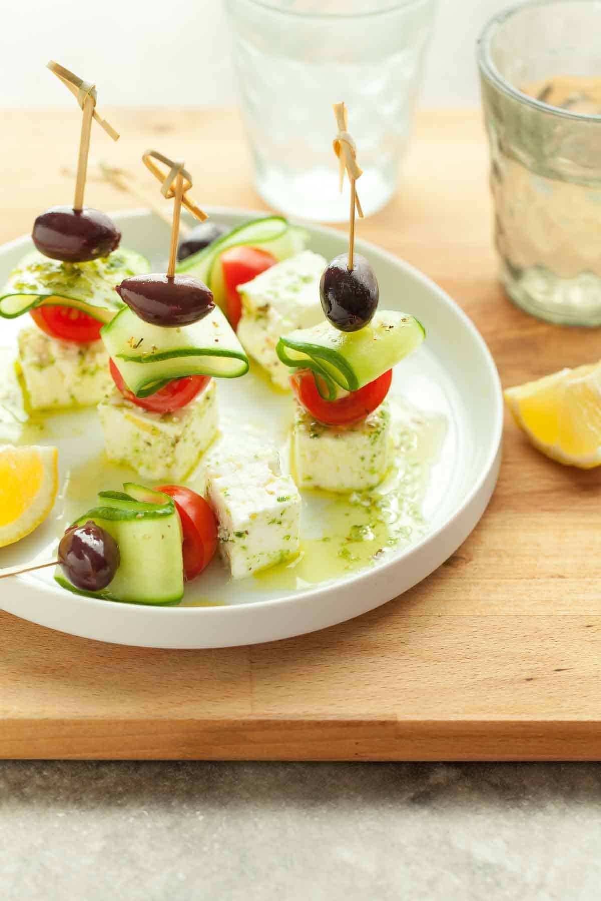 Greek Salad Skewers on Plate Close Up