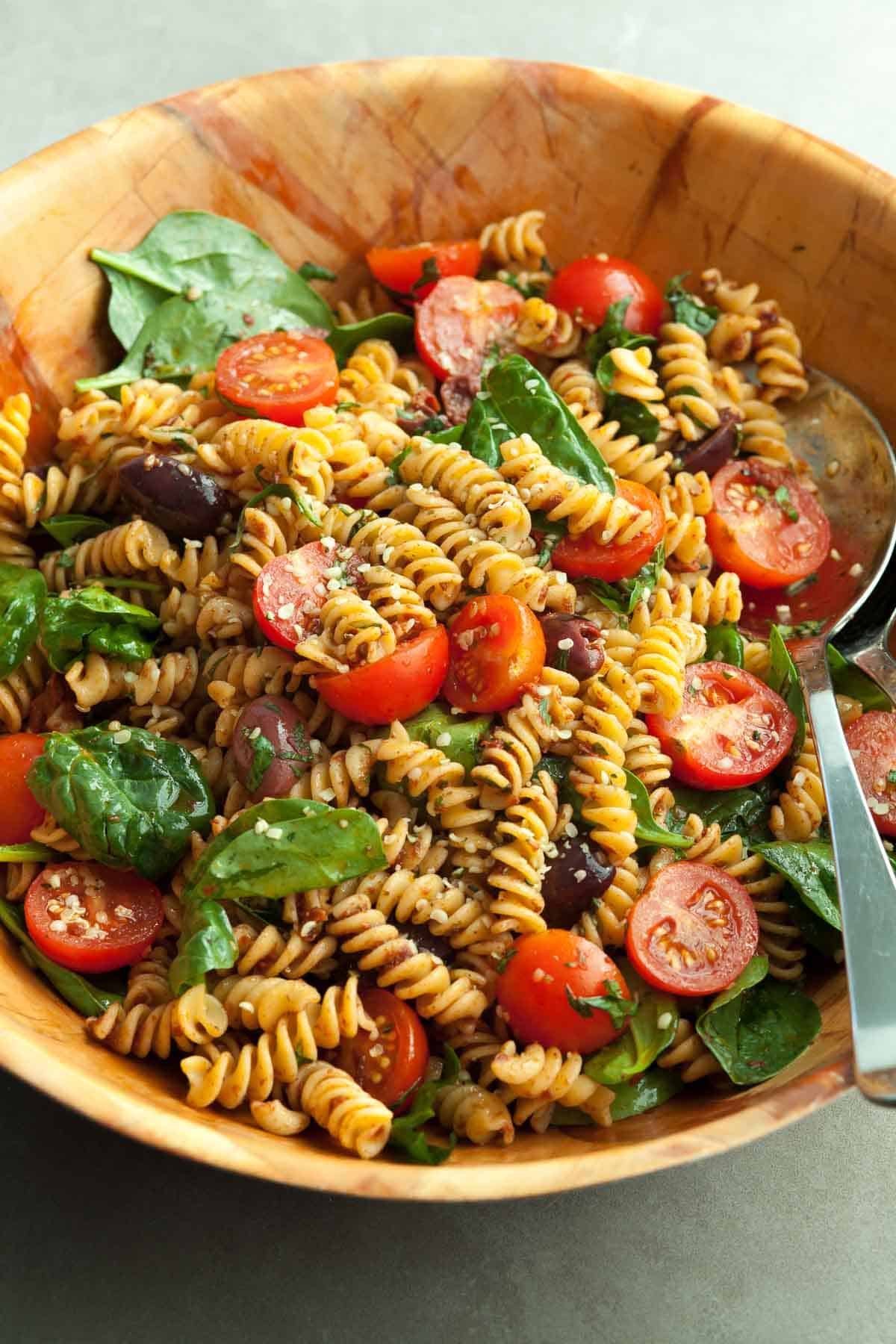 Sun-Dried Tomato Pasta Salad in Wood Serving Bowl