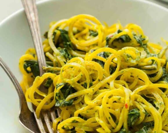 Beet Noodles with Cilantro Tahini Sauce on Plate
