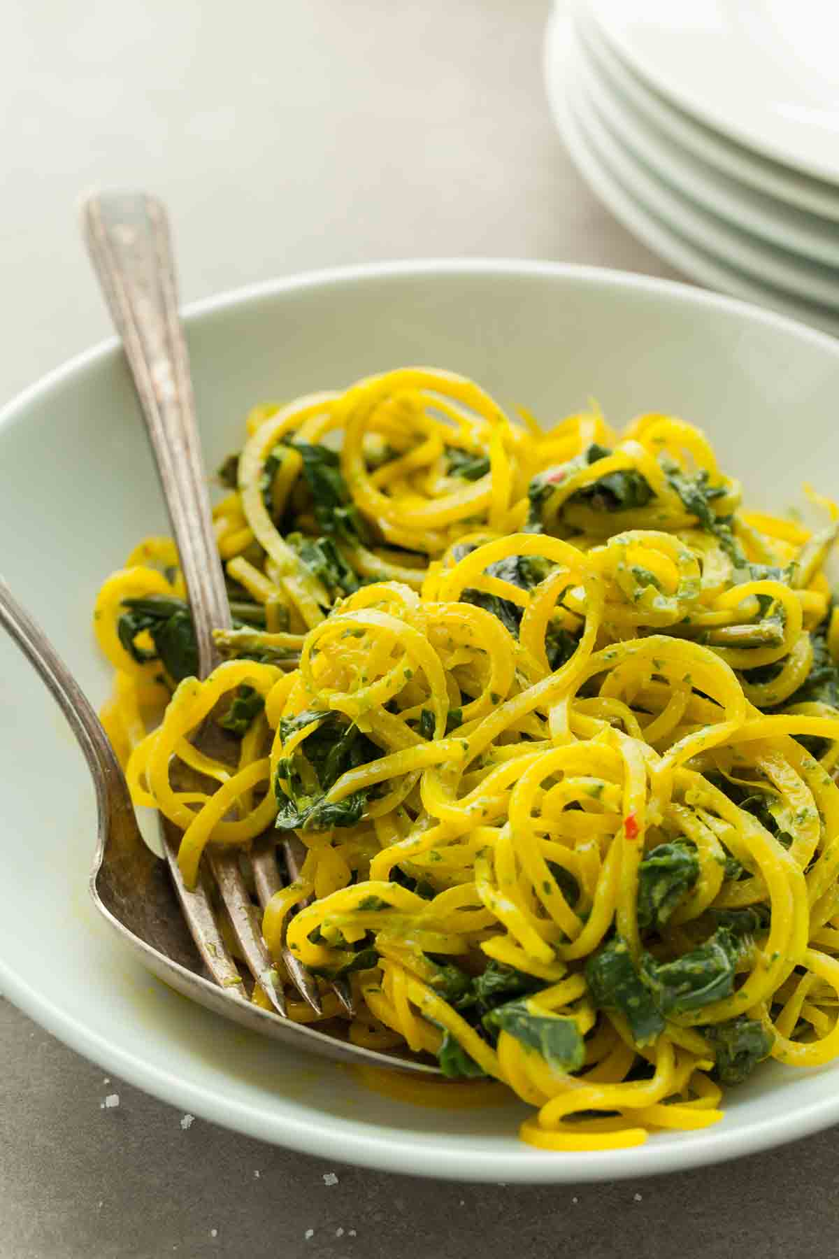 Beet Noodles with Cilantro Tahini Sauce on Plate