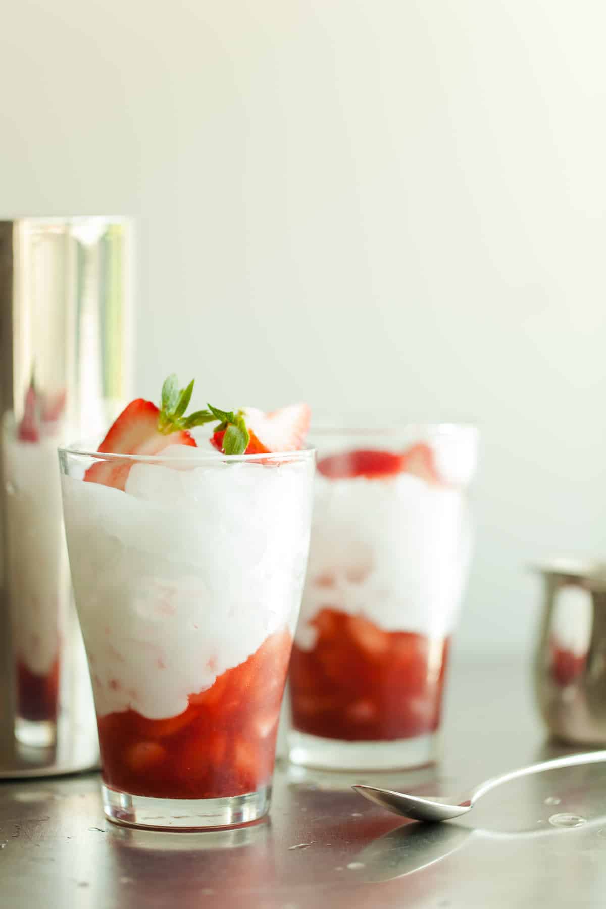 Strawberry Italian Cream Sodas Topped with Strawberries