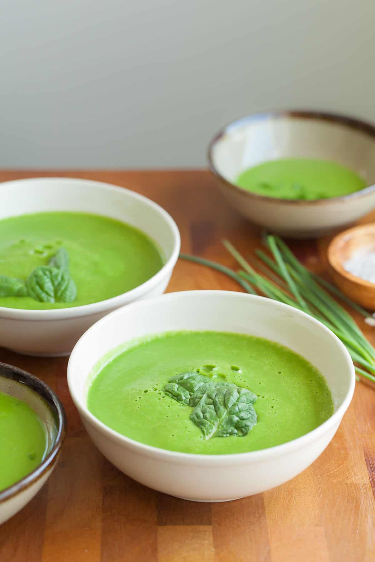 Vegan Greens Soup Topped with Spinach