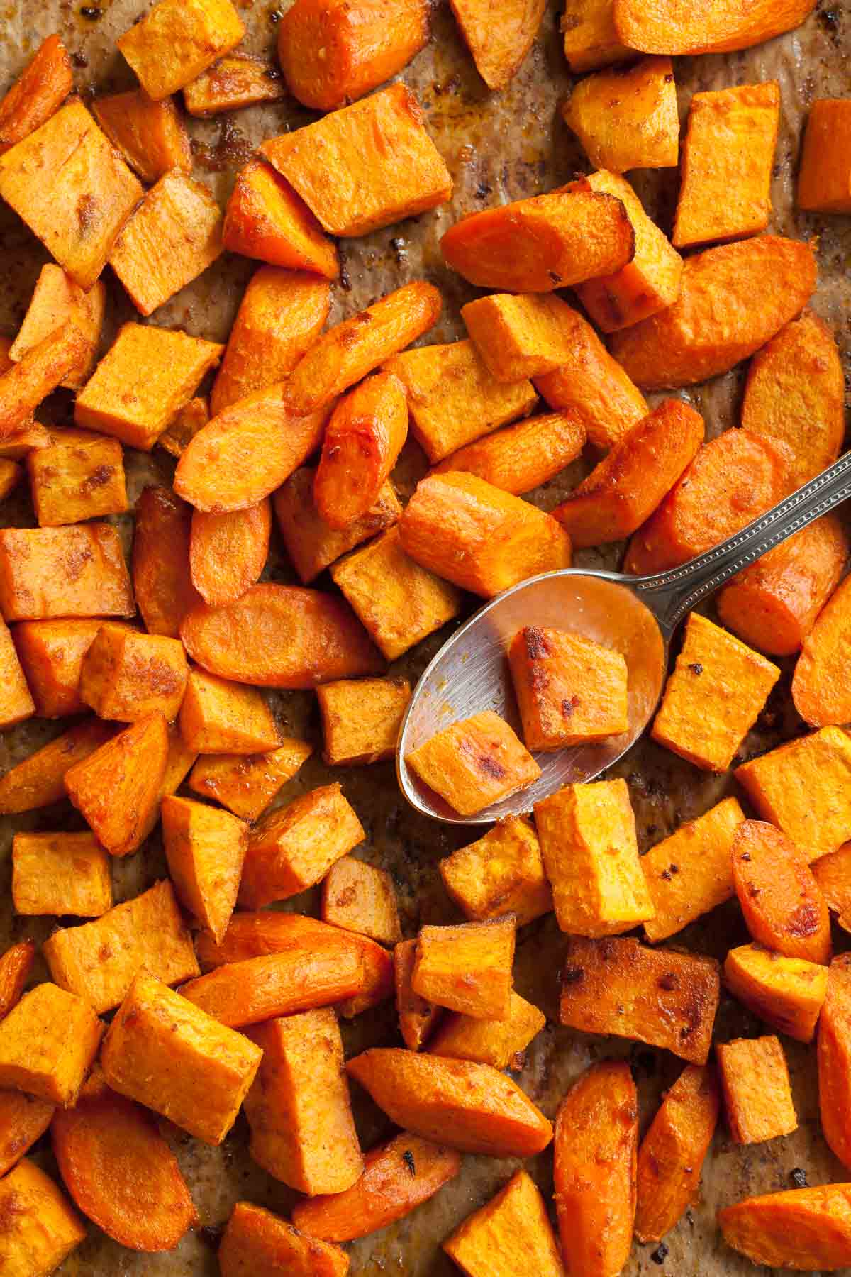 Roasted Sweet Potatoes and Carrots on Sheet Pan