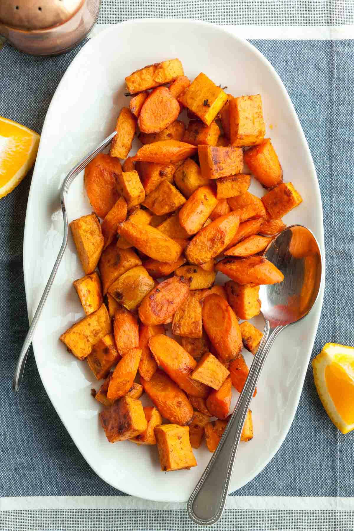 Roasted Sweet Potatoes and Carrots on Platter