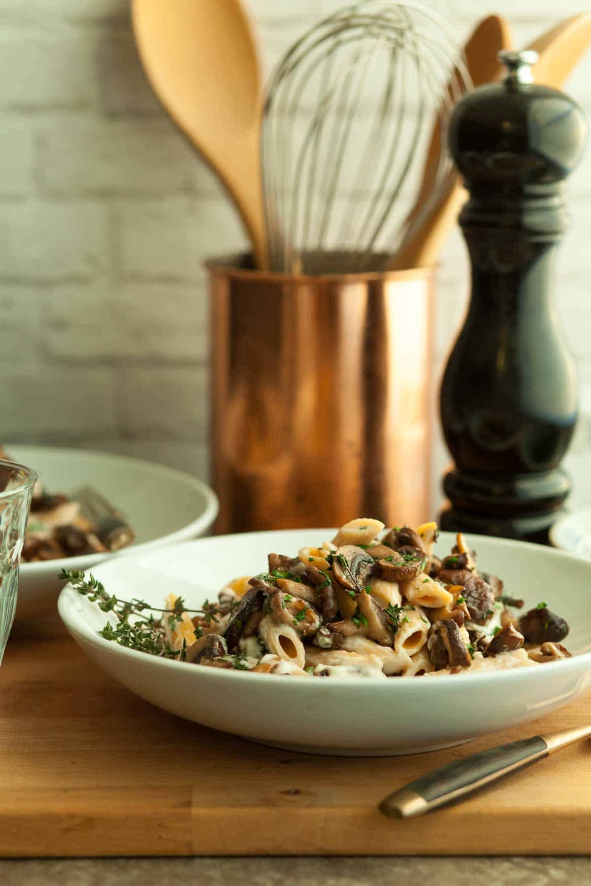 vegan mushroom pasta close up in bowl