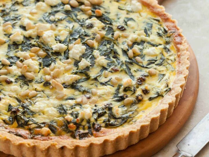 swiss chard tart on serving board