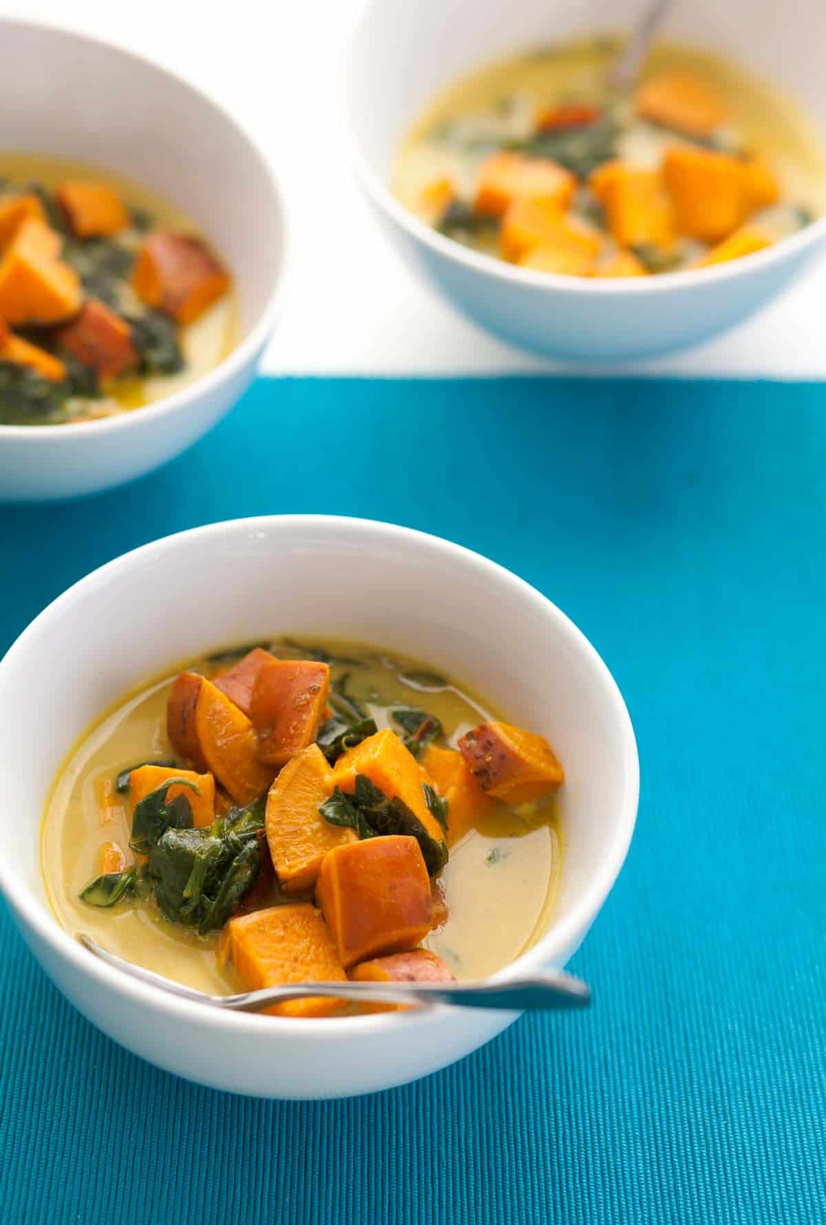 Thai Sweet Potato and Spinach Soup in Bowls