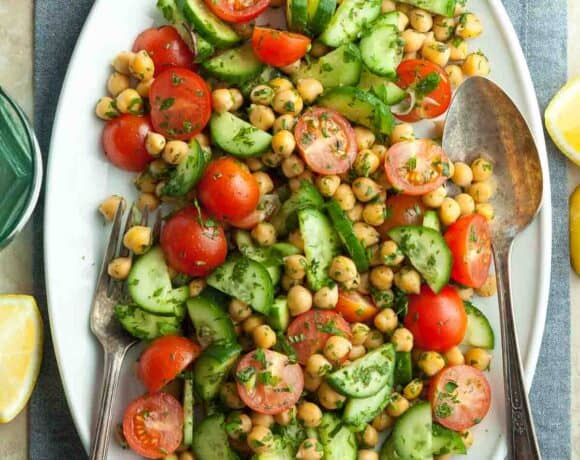 Chickpea Tomato Cucumber Salad on Serving Platter