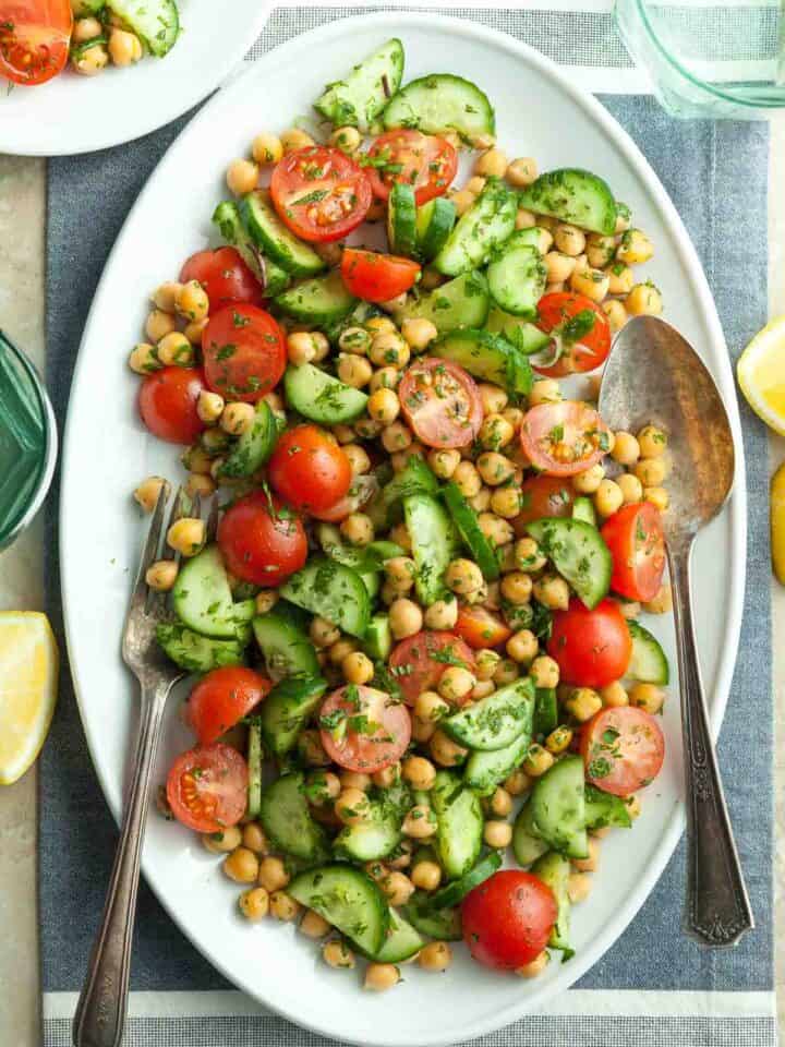 Chickpea Tomato Cucumber Salad on Serving Platter
