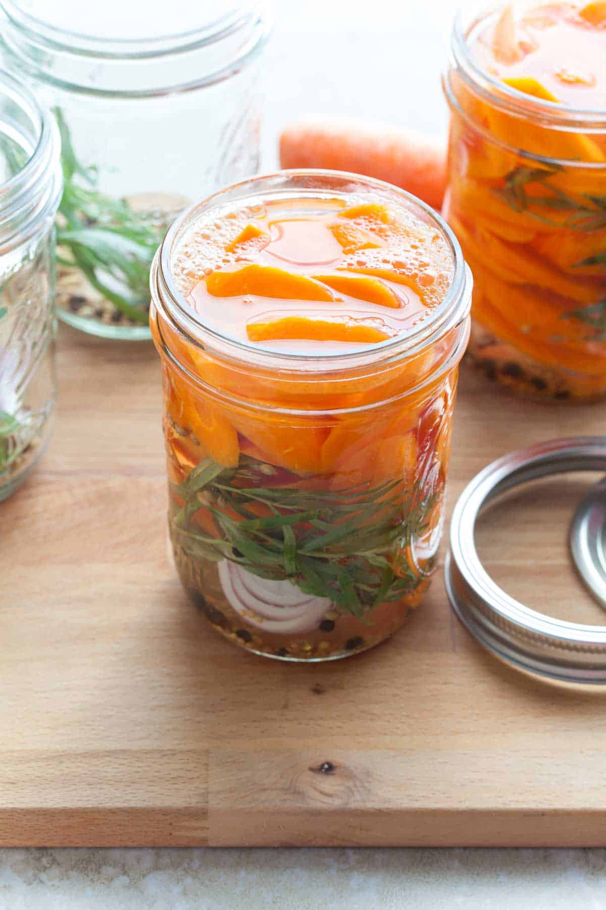 Quick Pickled Carrots in Jar with Lid Off