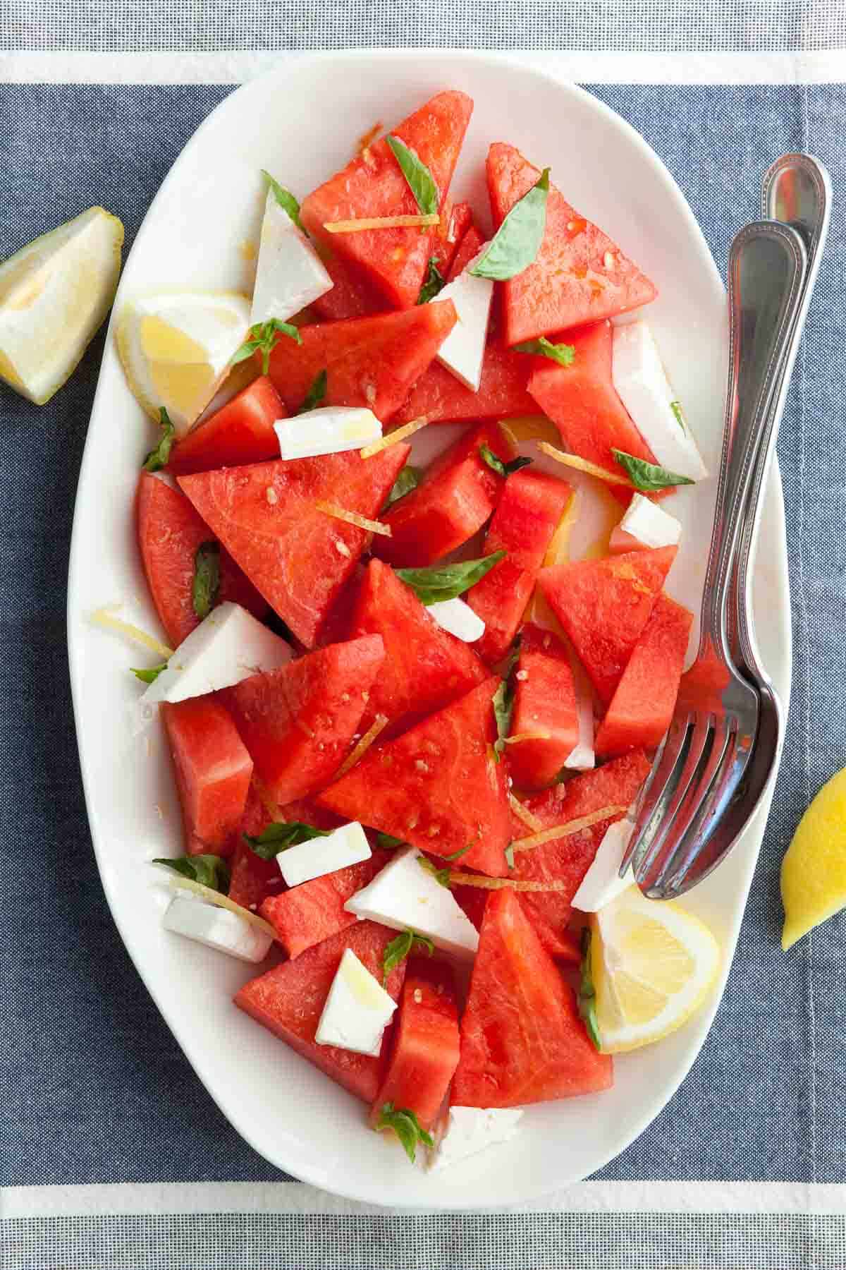 Watermelon Basil Salad on Platter