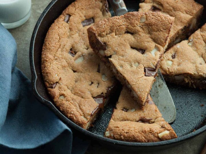 Gluten-Free Chocolate Chip Skillet Cookie Sliced in Pan