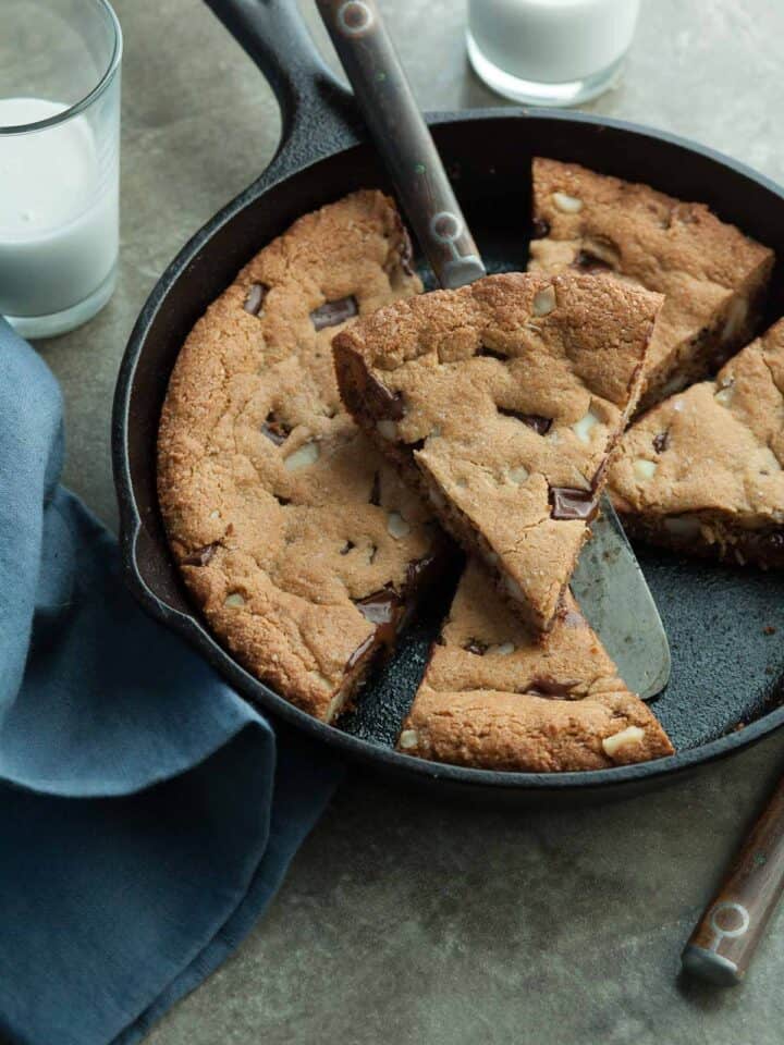 Gluten-Free Chocolate Chip Skillet Cookie Sliced in Pan