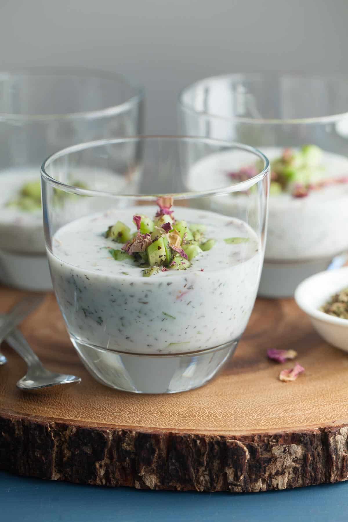 Persian Cucumber Yogurt Soup Topped with Rose Petals