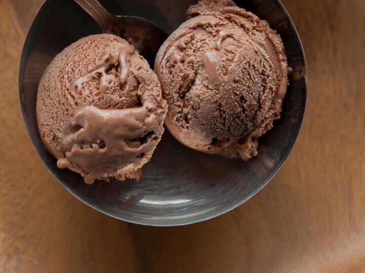 chocolate gelato in bowl with spoon